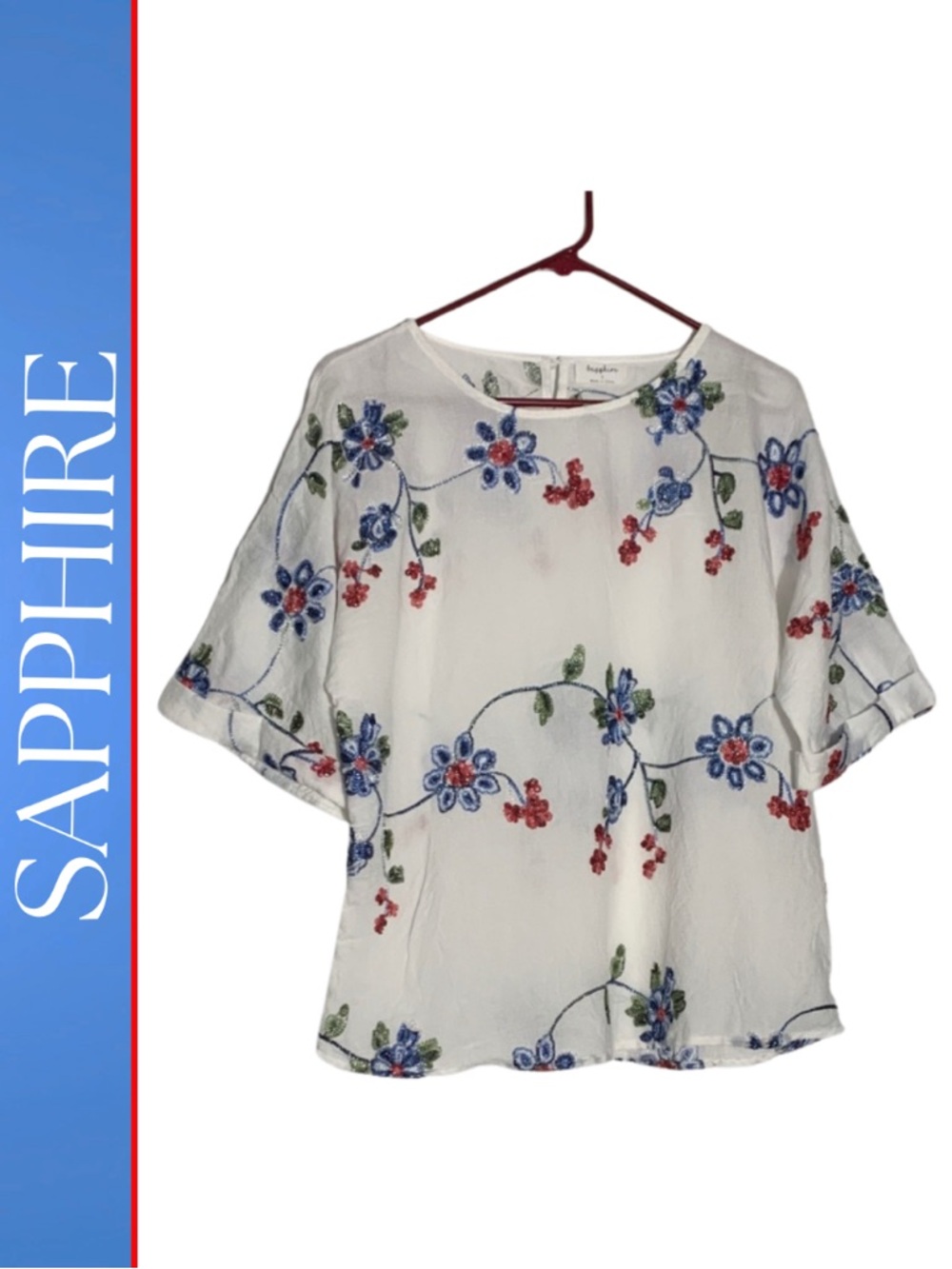 Sapphire Semi Sheer Embroidered Floral Blouse Women’s Size L Boho Cottagecore
